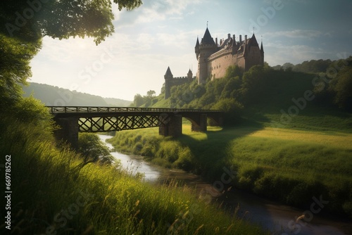 Majestic castle atop verdant field near river and distant bridge under sunny sky. Generative AI
