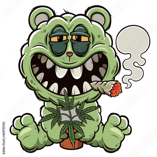 Vector illustration of Cartoon Teddy bear smokes a cigarette with marijuana, Cannabis leaves, print for t-shirts 