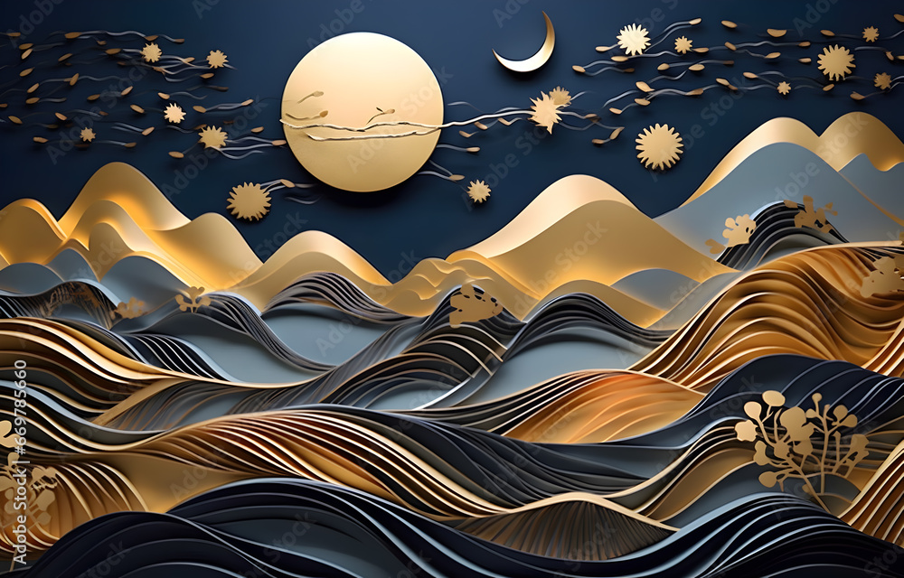 3d modern art mural wallpaper with dark blue background. golden tree and mountains, golden moon. dark landscape background and clouds and colorful mountains. for home wall decoration 3d modern art mural wallpaper with dark blue background. golden tree and mountains, golden moon. dark landscape background and clouds and colorful mountains. for home wall decoration
