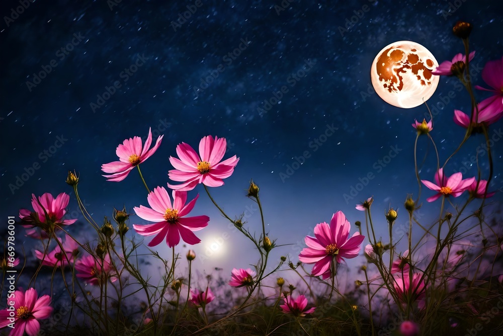 beautiful pink flower blossom in garden with night skies and full moon .