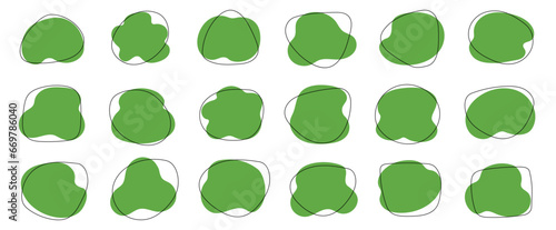 Organic blob shape, abstract green color amoeba, irregular fluid element set. Simple flat abstract splodge, amoeba blob figure, liquid shape graphic design element. Vector illustration.