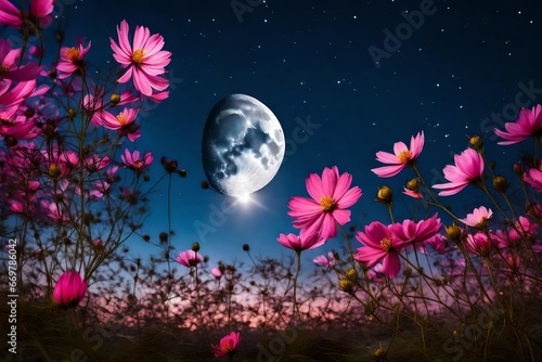 beautiful pink flower blossom in garden with night skies and full moon . © Malaika