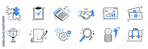 Hand drawn business, money icon set. Finance, money, investment sketch drawn cute trendy doodle icon. Business money, finance calculator, economic briefcase elements. Vector illustration