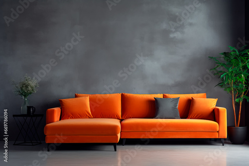 A vivid orange corner velvet sofa next to a concrete wall offers copy space in the minimalist 