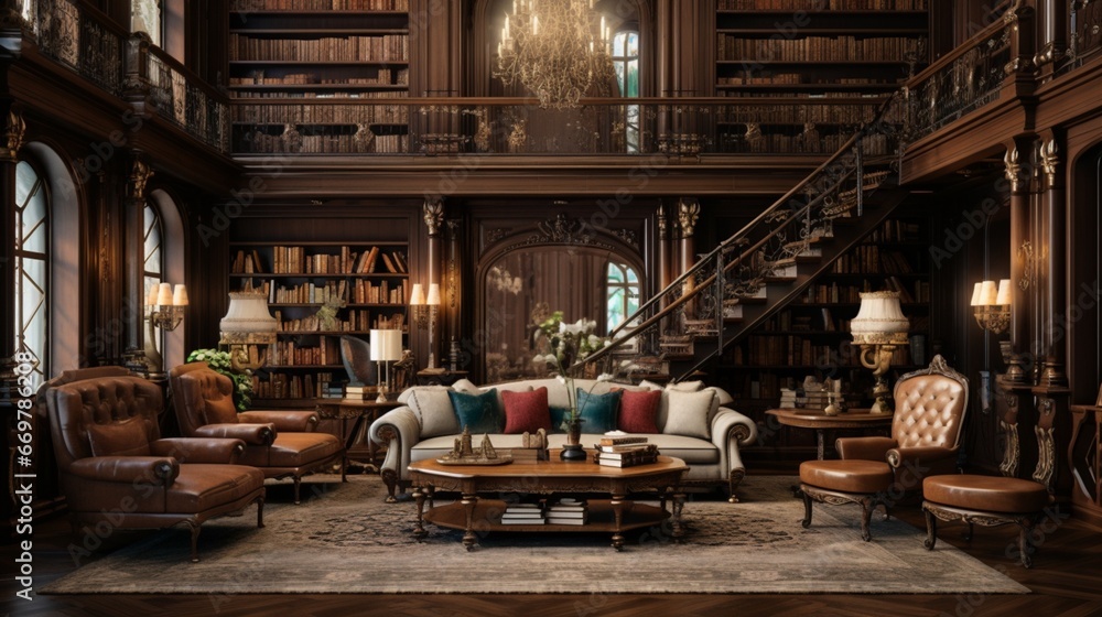 A grand library with towering bookshelves, ornate chandeliers, and cozy reading nooks