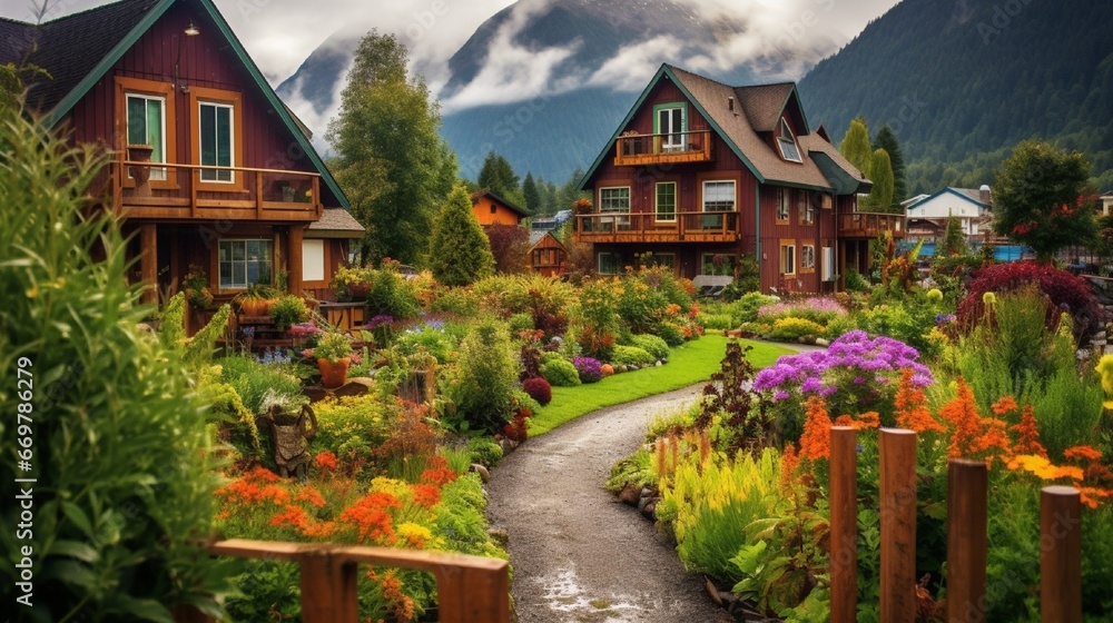 A lovely wooden house in Juneau, Alaska, with a lovely garden and a mountain in the distance.