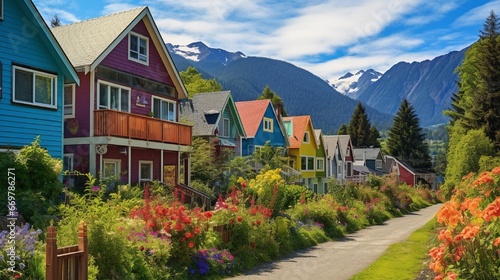 A gorgeous colorful wooden house in Juneau, Alaska, with a stunning garden and mountain backdrop under a bright blue sky.