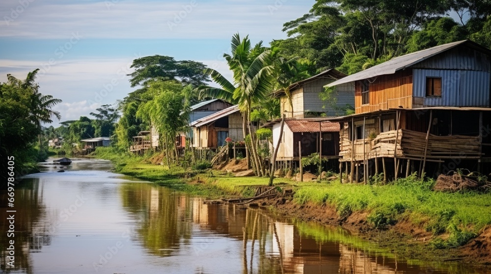 Peruvian Amazon River View of a street with wooden buildings in a small community on the Amazon River's bank. Peruvian Amazon River View of a street with wooden buildings in a small community on the Amazon River's bank.