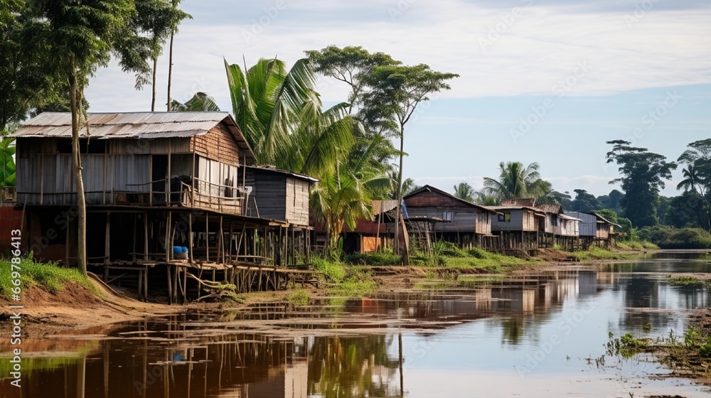 Peruvian Amazon River View of a street with wooden buildings in a small community on the Amazon River's bank. Peruvian Amazon River View of a street with wooden buildings in a small community on the Amazon River's bank.