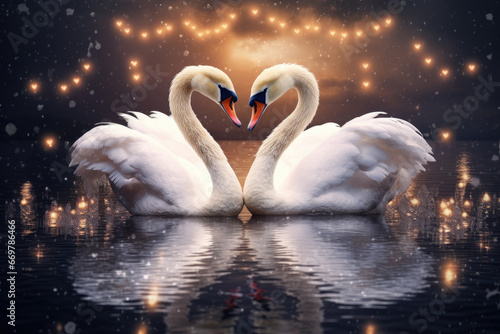 Two swans form a heart shape, symbolizing faithful love