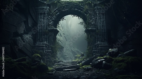 Background image of an archway in an enchanted fairy forest environment with a misty dark vibe. photo