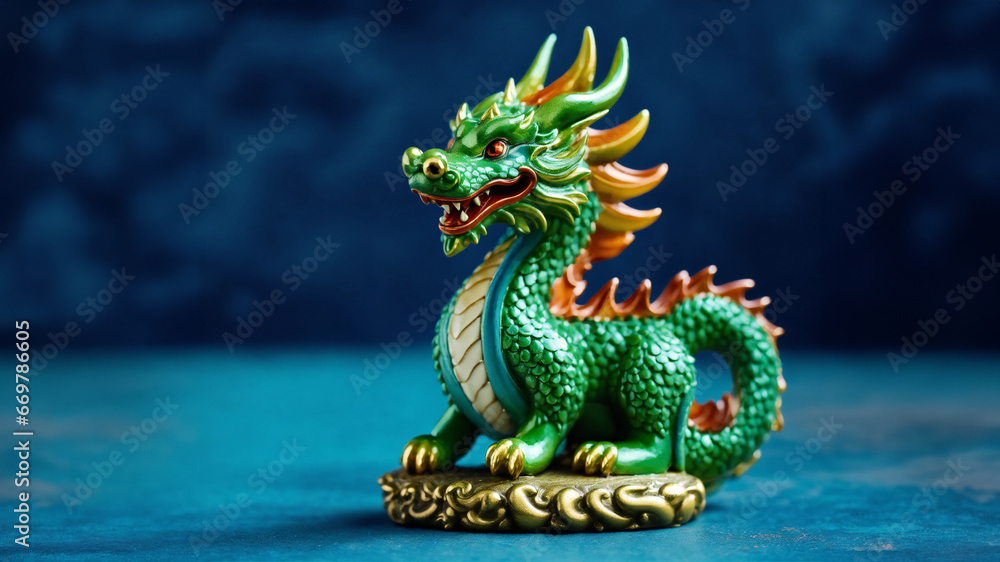 Fototapeta premium かわいい龍のオブジェ、辰年、干支、青色背景｜A cute dragon object. Year of the dragon. zodiac. blue background. Generative AI