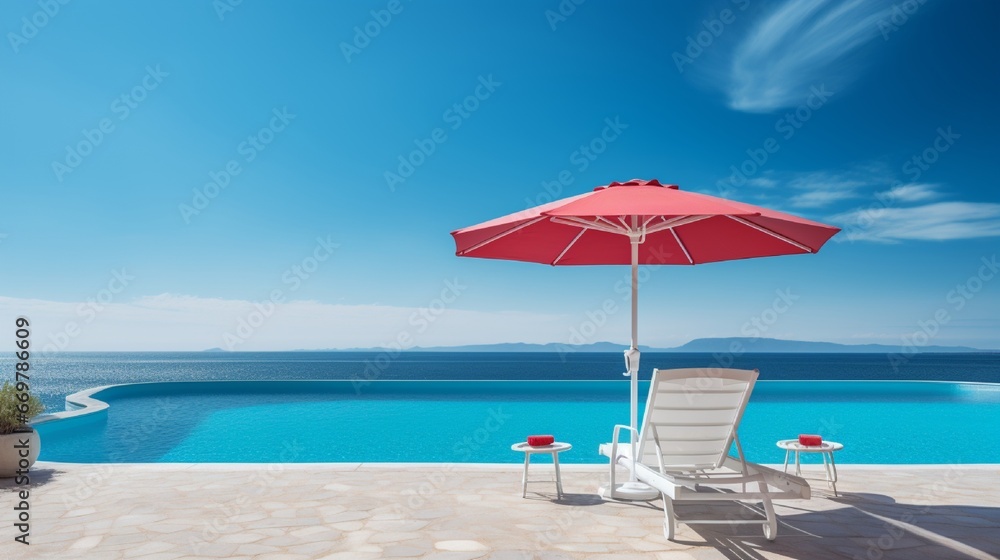 Beach chair with umbrella by the private pool, with an ocean view.