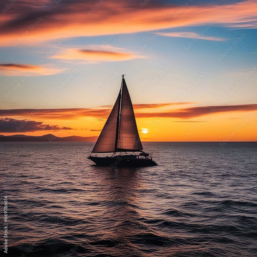Barco velero navegando por el mar y una bonita puesta de sol 