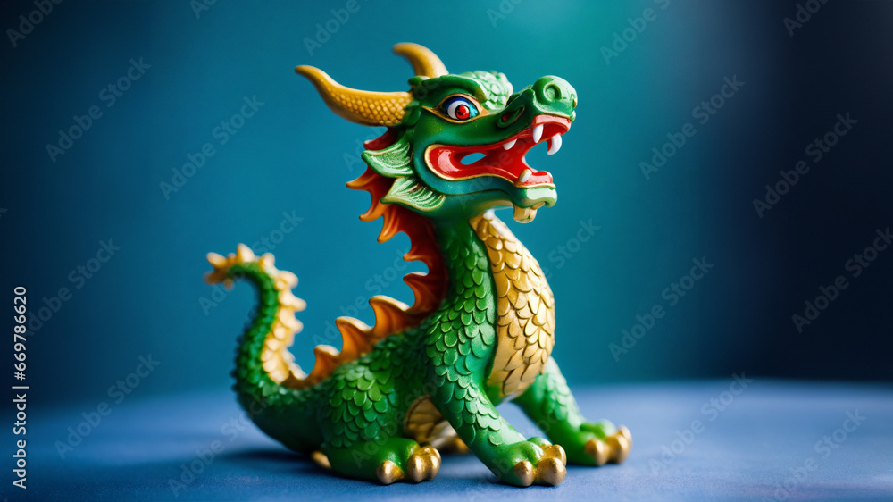 Fototapeta premium かわいい龍のオブジェ、辰年、干支、青色背景｜A cute dragon object. Year of the dragon. zodiac. blue background. Generative AI