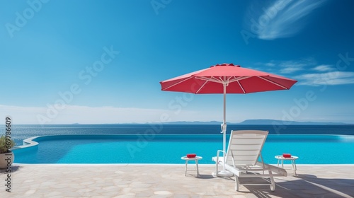 Beach chair with umbrella by the private pool, with an ocean view. © Nazia