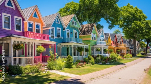 On a lovely summer day, beautiful colorful gingerbread houses and cottages in Oak Bluffs town. photo
