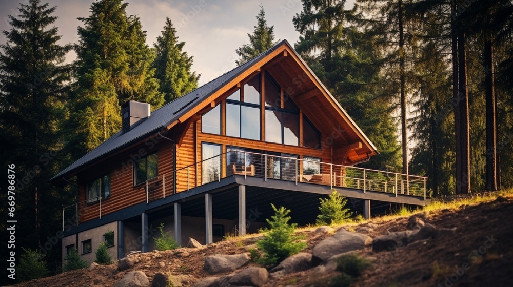 Beautiful wooden house with a fence in the middle of a forest. The outside of a modern constructed house in the forest. Hillside cottage house. Nobody has a travel photo. Beautiful wooden house with a fence in the middle of a forest. The outside of a modern constructed house in the forest. Hillside cottage house. Nobody has a travel photo.
