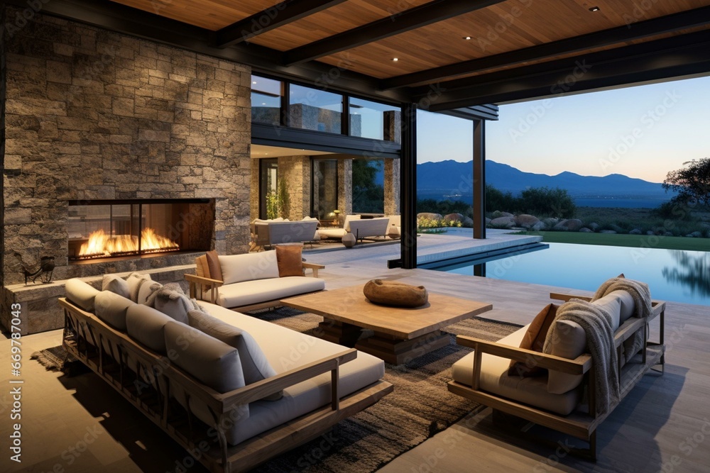 Blend of contemporary and rustic design in common area showcasing lap pool, fireplace, and versatile indoor-outdoor furniture. Generative AI