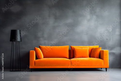 A vivid orange corner velvet sofa next to a concrete wall offers copy space in the minimalist  © Uliana