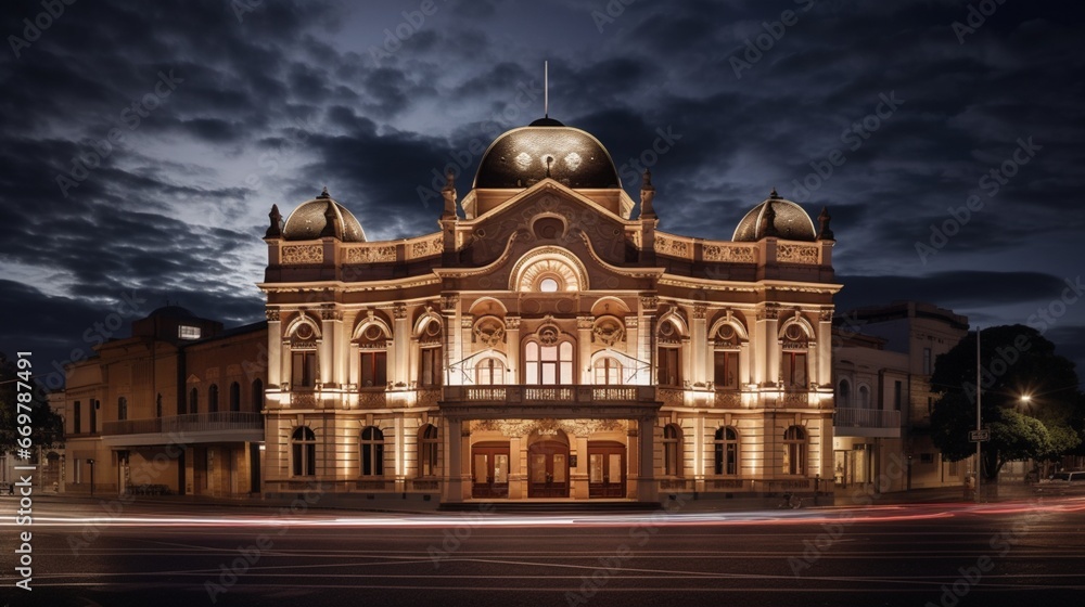 A historic opera house with a grand marquee, radiantly lit against the night sky