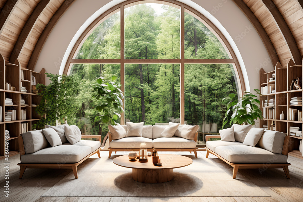 The modern living room showcases an organic interior design, with rustic furniture, spacious layout, arched windows, and a high wooden ceiling.