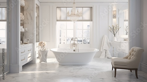 A luxurious bathroom adorned with Carrara marble, a freestanding bathtub, and glistening chrome fixtures, evoking a spa-like atmosphere of indulgence