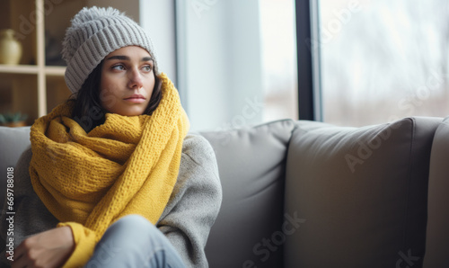 Winter fuel and energy costs. People wearing blankets and hats indoors to keep warm photo