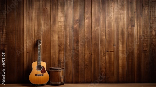 Wooden board panel texture with acoustic panels in brown, home improvement, rustic interior, acoustic guitar on wooden background