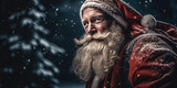 Modern Santa Claus. Old Man with Gray Beard in Red Santa Hat and Red Winter Jacket at night on a winter snowy forest background. Merry Christmas and Happy New Year banner