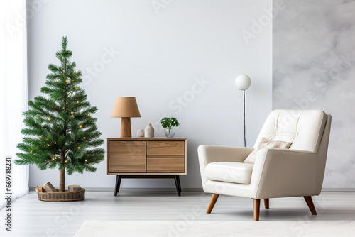 Living room christmas interior in modern style. Christmas tree with armchair on wall mockup.