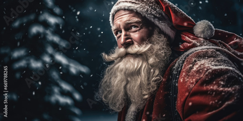Modern Santa Claus. Old Man with Gray Beard in Red Santa Hat and Red Winter Jacket at night on a winter snowy forest background. Merry Christmas and Happy New Year banner