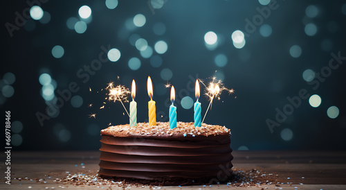 Birthday Cake with Three Lit Candles in Cheerful Dark Brown and Light Blue Style