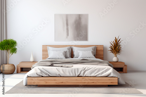 A stylish modern bedroom with a comfortable bed, showcasing an inviting home interior design.