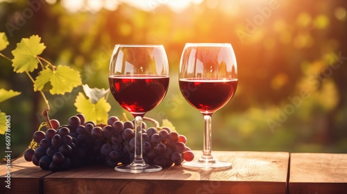 wine glass with red wine on a wooden table overlooking a vineyard in clear weather. raw materials for making wine. copy space.