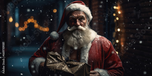 Santa Claus with bag of Christmas gifts at Christmas or New Year Nigh