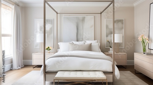 A minimalist bedroom with a statement canopy bed, dressed in crisp, white linens and accented by polished chrome fixtures and understated artwork © ishtiaaq