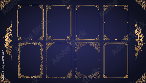 Vector decorative background with gold frame. Golden frame on luxury blue background.