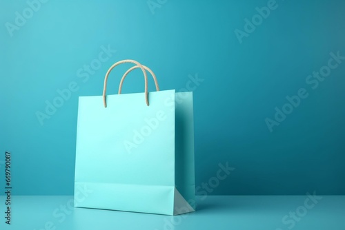 Close-up of blank paper bag on blue background; shopping, concept, mock-up, 3D rendering. Generative AI