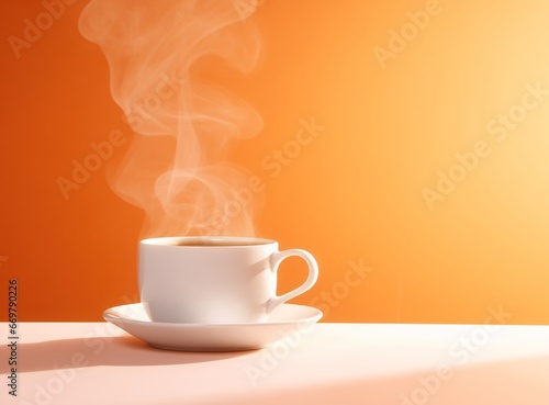 A steaming coffee cup on an orange copy space