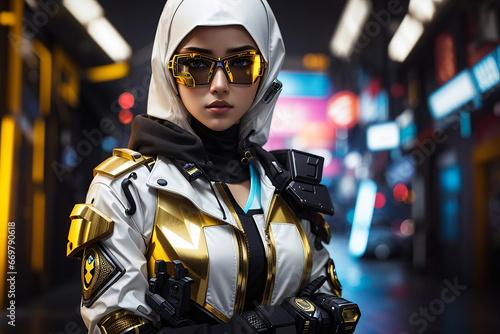 cyberpunk hijab girl future tech islamis era © Rizki Ahmad Fauzi