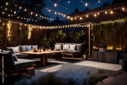 Lounge and Dining Area at Modern Residential Backyard Decorated with Outdoor Lights, Plants, Garden Table and Chairs. © Amazing-World
