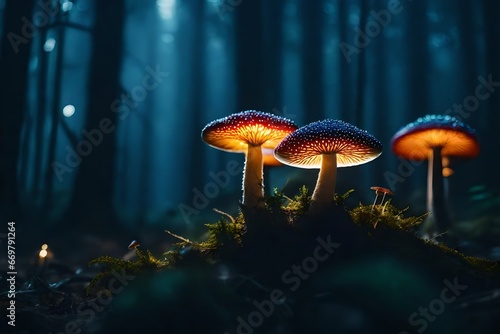 Fantasy glowing mushrooms in mystery dark forest close-up. Beautiful macro shot of magic mushroom or souls lost in avatar forest.