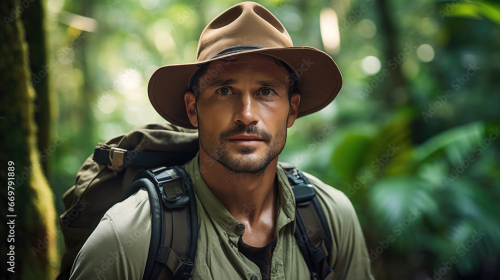 Portrait of a male hiker wearing hat in rainforest.