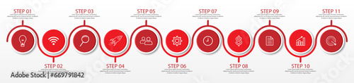 11 step infographic, simple infographic business design with related circle shapes, with lines and colors and symbols. suitable for your business presentation
