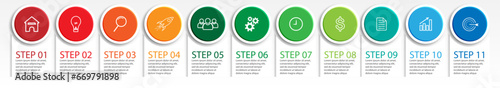 11 step infographic, simple infographic business design with related circle shapes, with lines and colors and symbols. suitable for your business presentation
