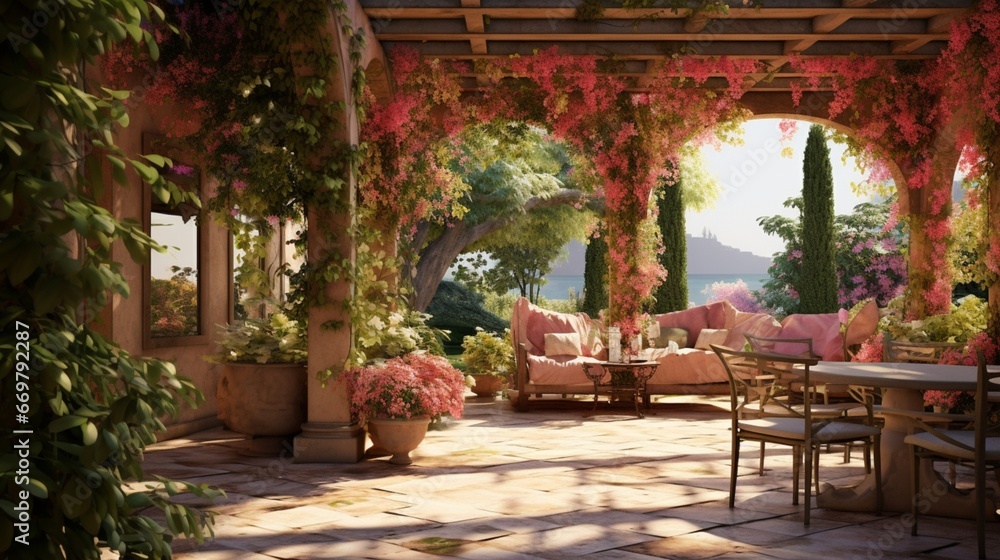 A pergola wrapped in flowering vines casting delicate shadows on a serene patio