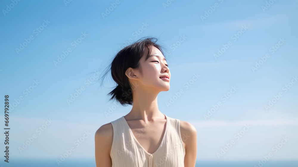 Young Japanese woman with radiant smile practicing yoga outdoors generative ai