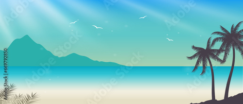 Beach style summer illustration with palm trees and birds peaceful landscape. 