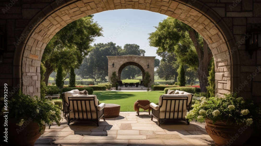 A picturesque stone archway framing a breathtaking view of a lush, manicured lawn